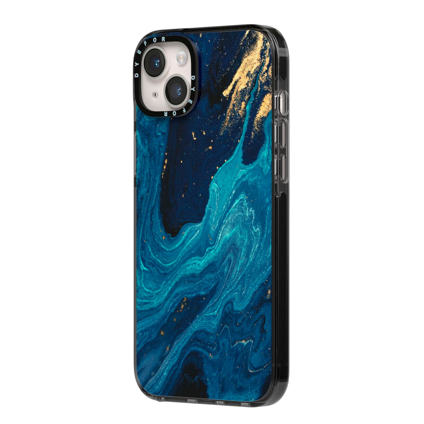 Blue Lagoon Marble iPhone 14 Plus Black Impact Case Side Angle on Silver phone