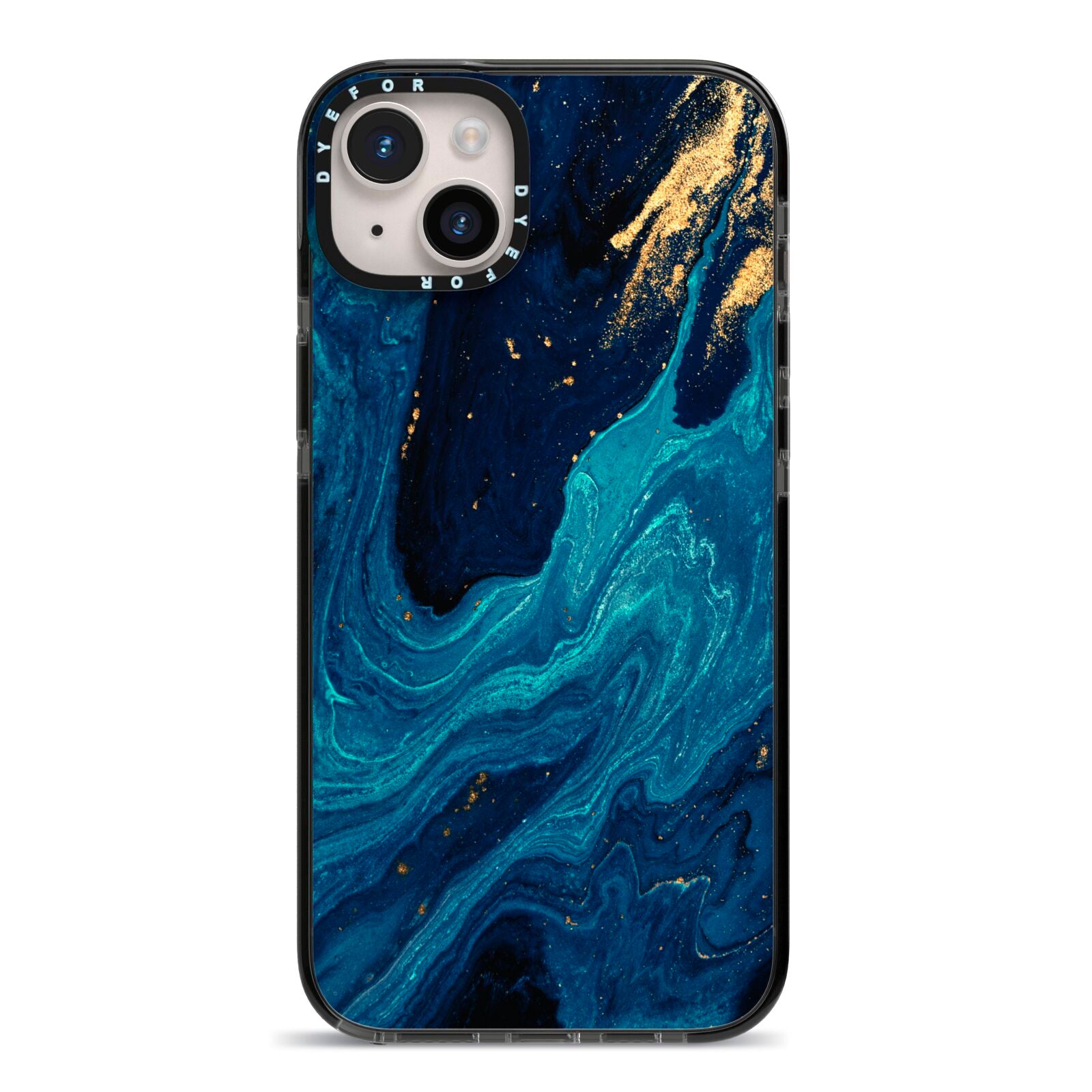 Blue Lagoon Marble iPhone 14 Plus Black Impact Case on Silver phone