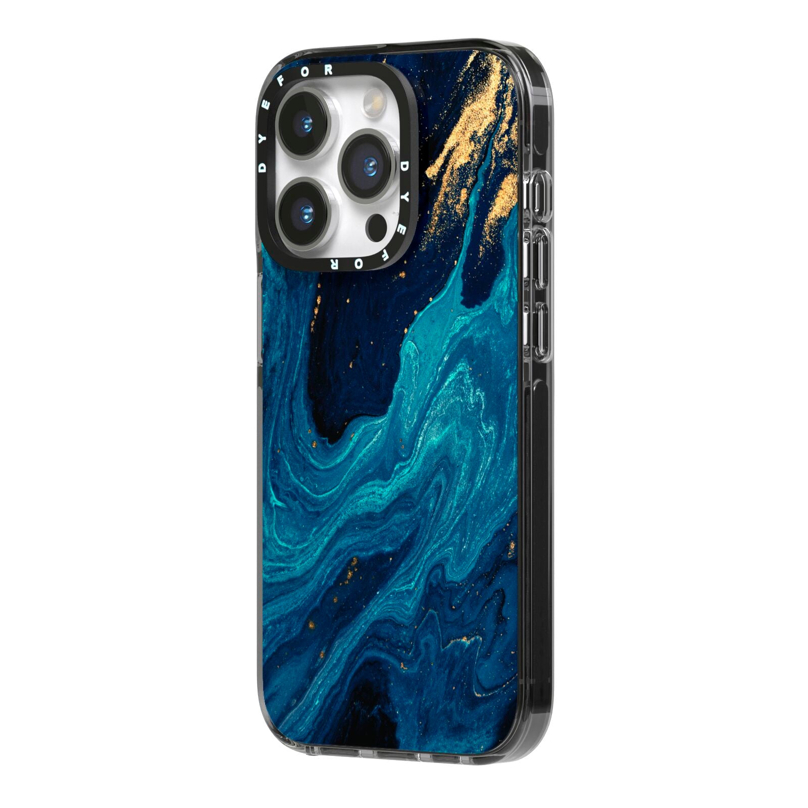 Blue Lagoon Marble iPhone 14 Pro Black Impact Case Side Angle on Silver phone