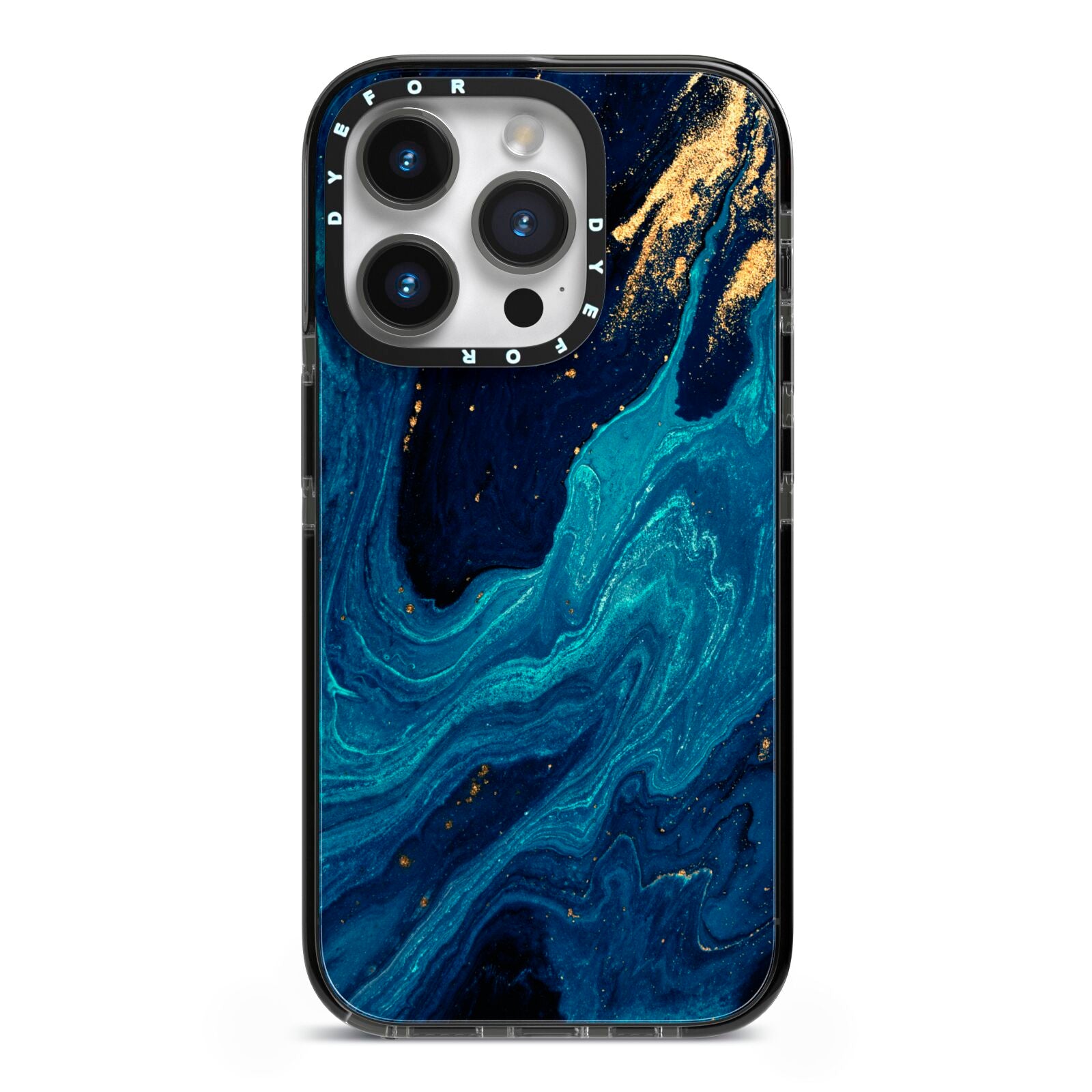 Blue Lagoon Marble iPhone 14 Pro Black Impact Case on Silver phone