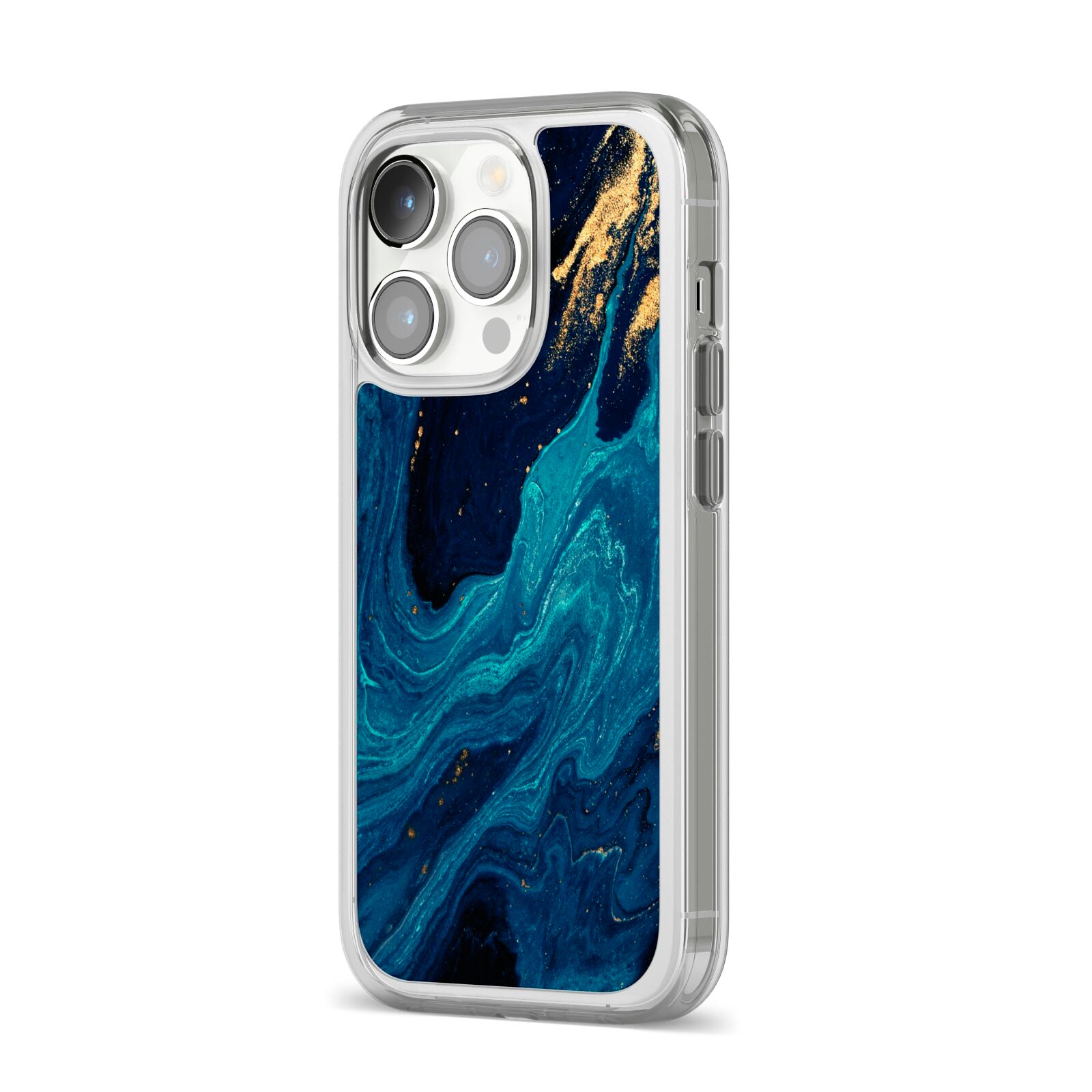 Blue Lagoon Marble iPhone 14 Pro Clear Tough Case Silver Angled Image
