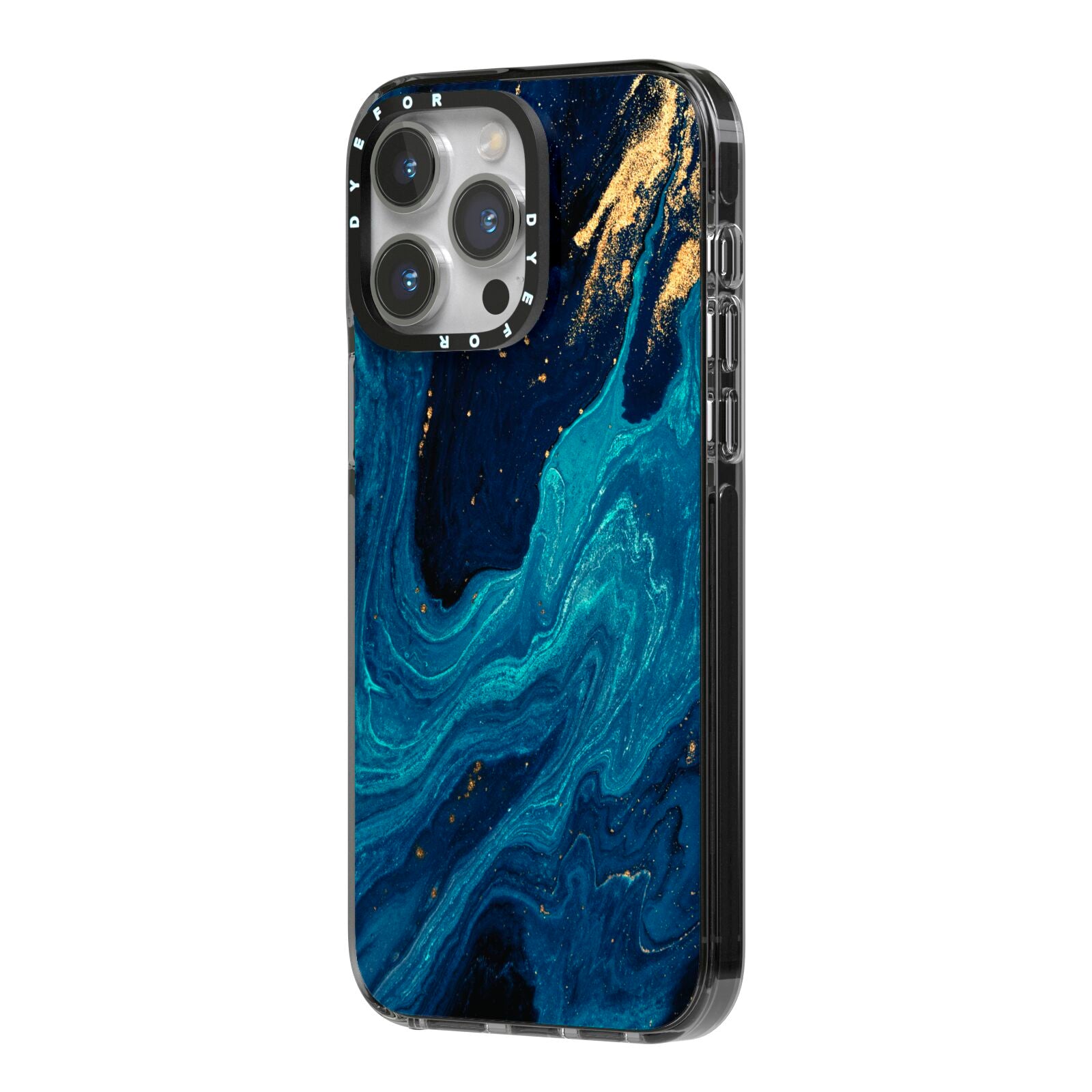 Blue Lagoon Marble iPhone 14 Pro Max Black Impact Case Side Angle on Silver phone