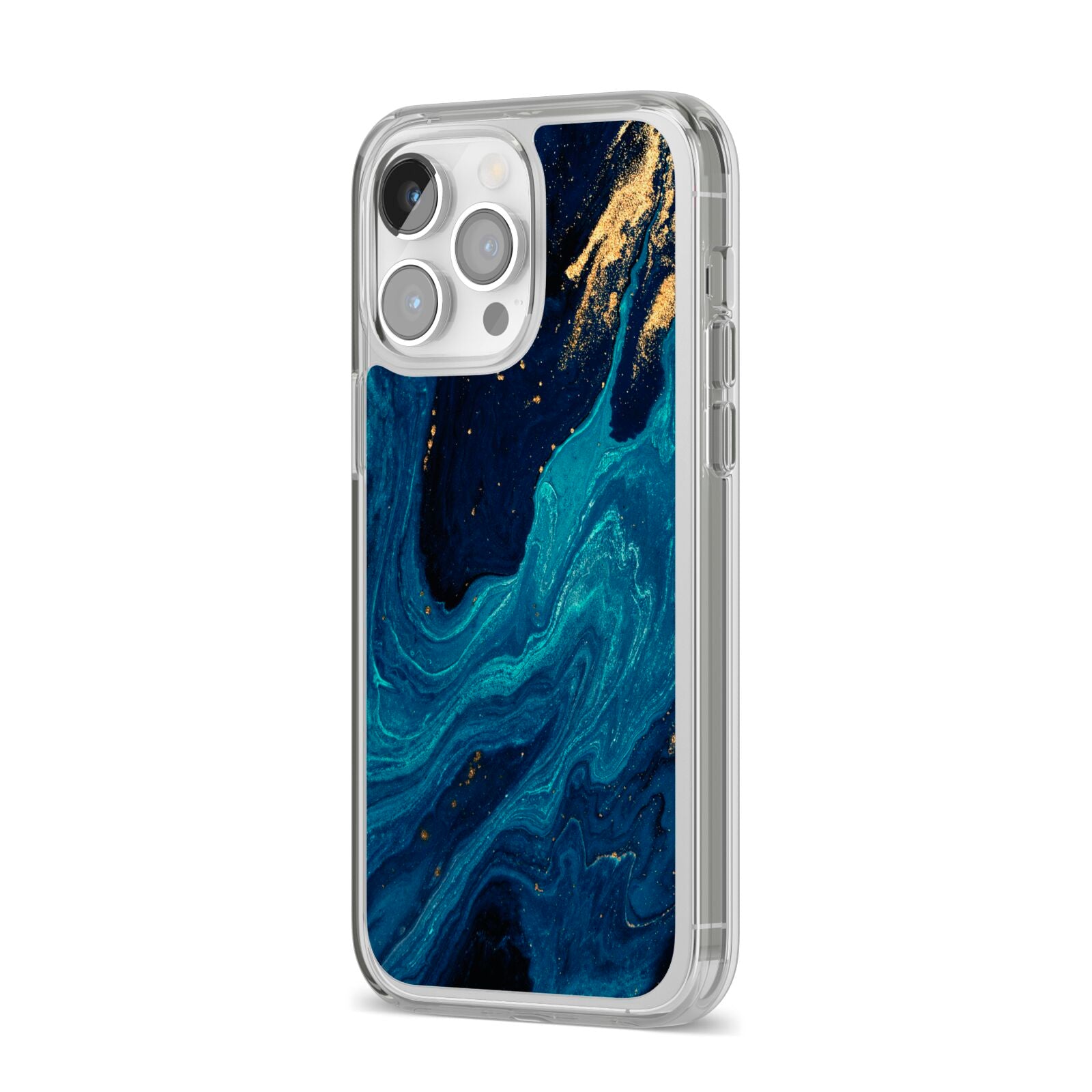 Blue Lagoon Marble iPhone 14 Pro Max Clear Tough Case Silver Angled Image