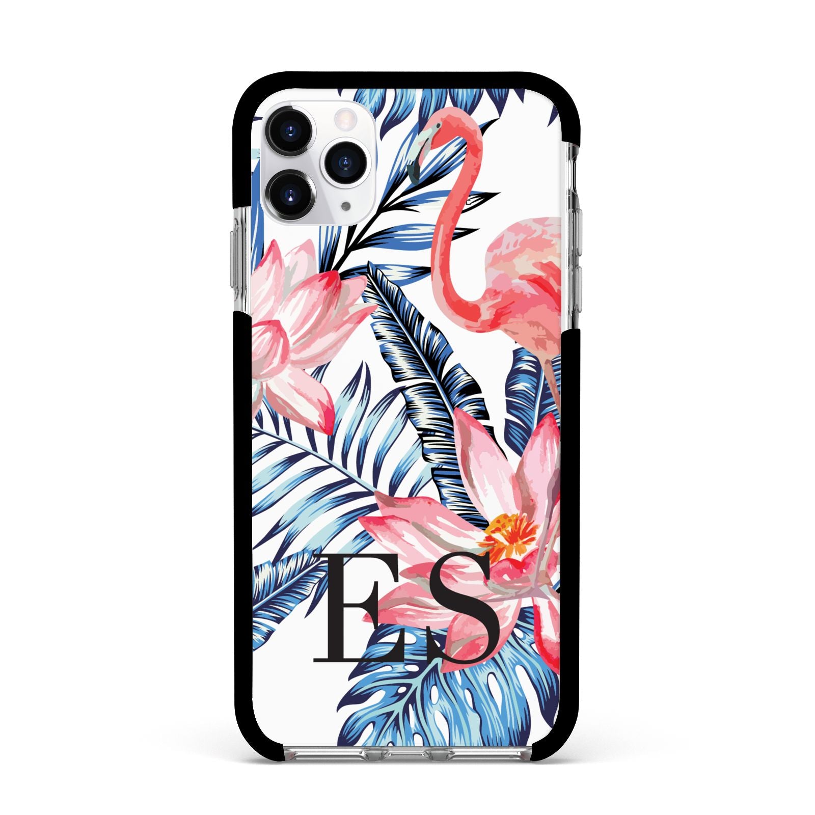 Blue Leaves Pink Flamingos Apple iPhone 11 Pro Max in Silver with Black Impact Case