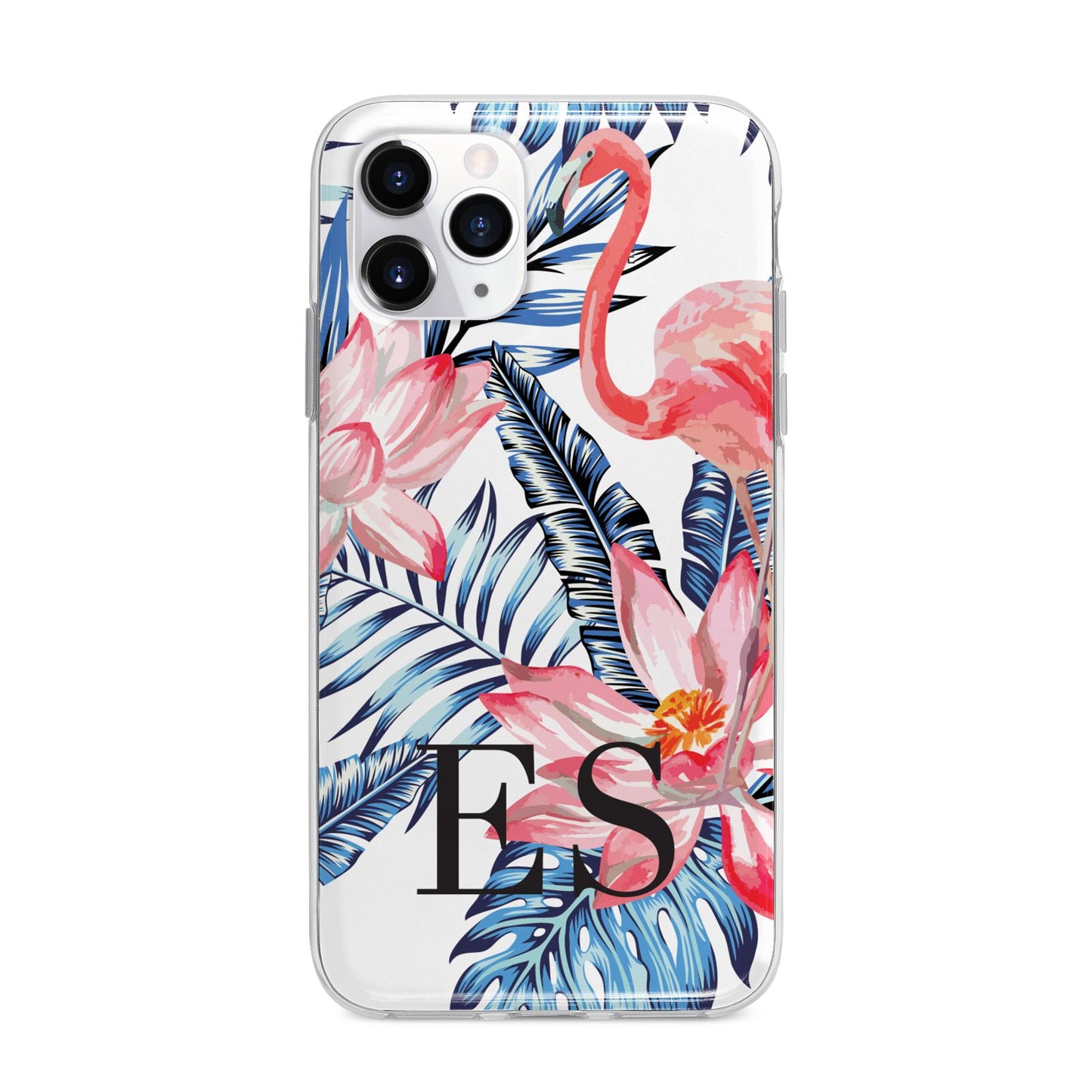 Blue Leaves Pink Flamingos Apple iPhone 11 Pro Max in Silver with Bumper Case