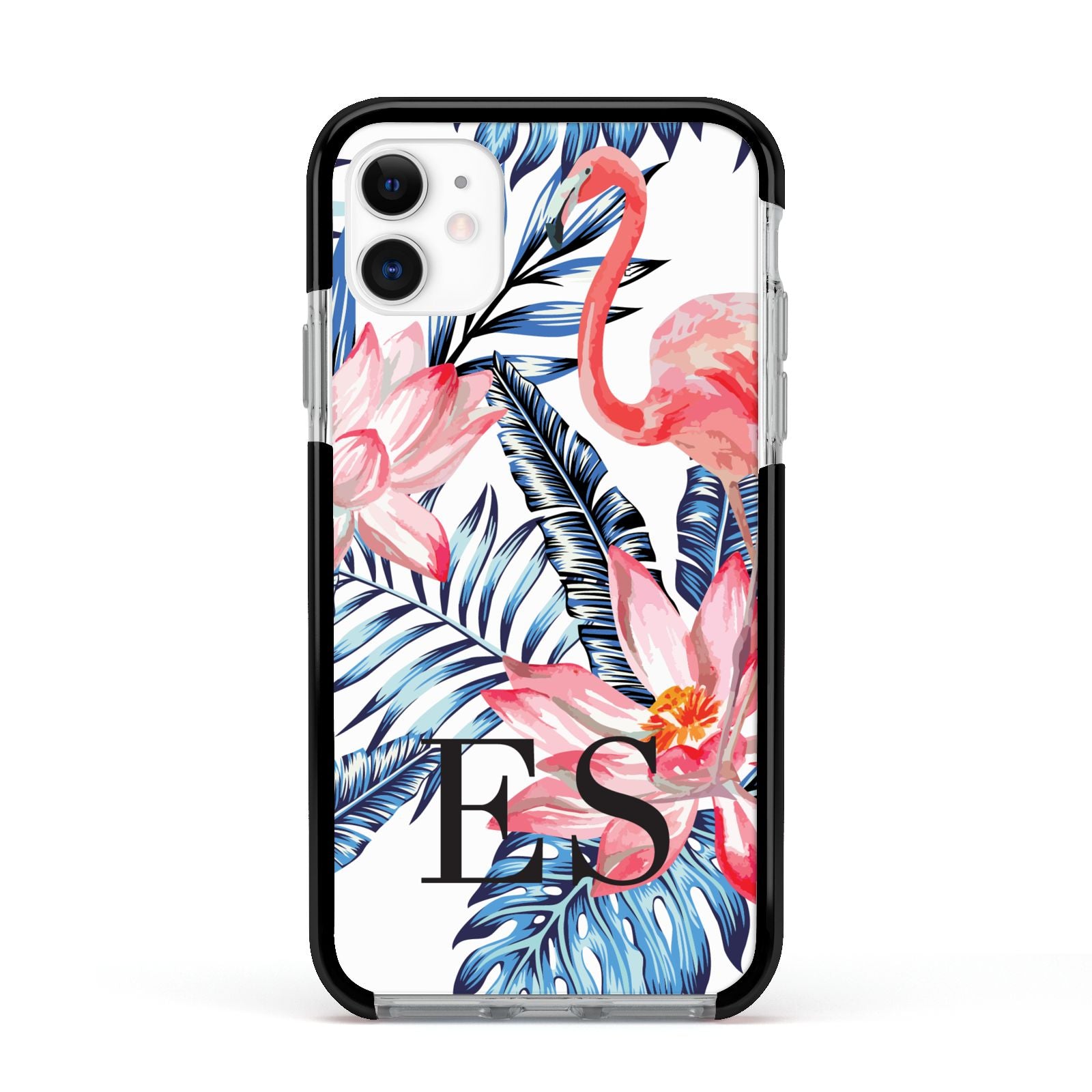 Blue Leaves Pink Flamingos Apple iPhone 11 in White with Black Impact Case