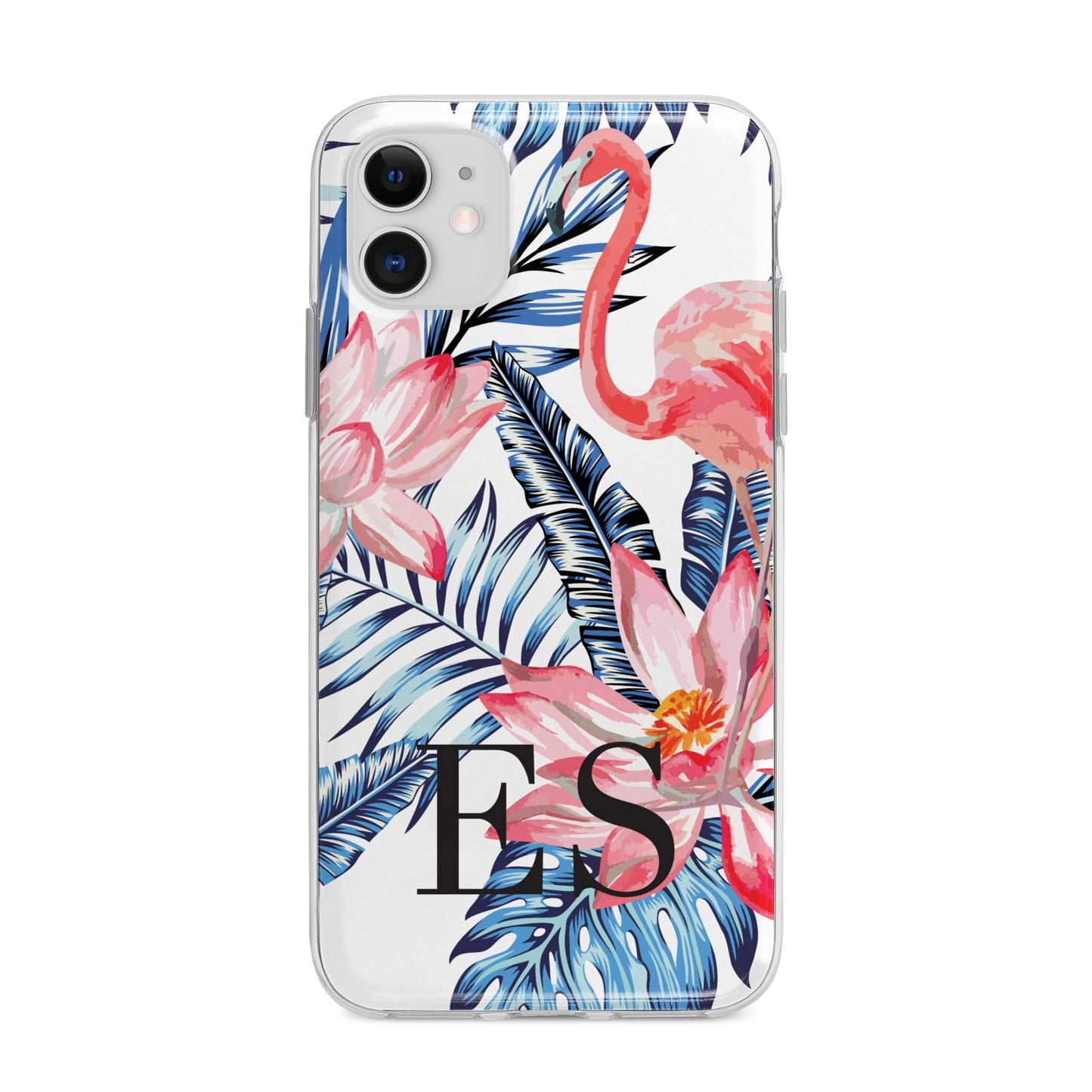 Blue Leaves Pink Flamingos Apple iPhone 11 in White with Bumper Case
