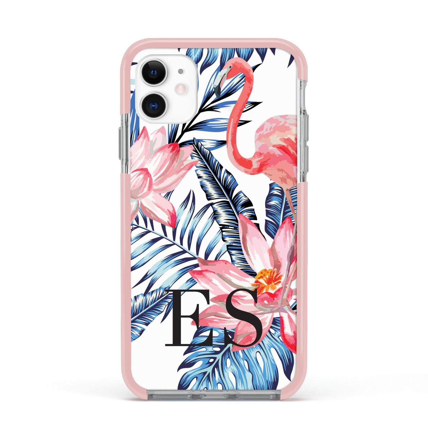 Blue Leaves Pink Flamingos Apple iPhone 11 in White with Pink Impact Case