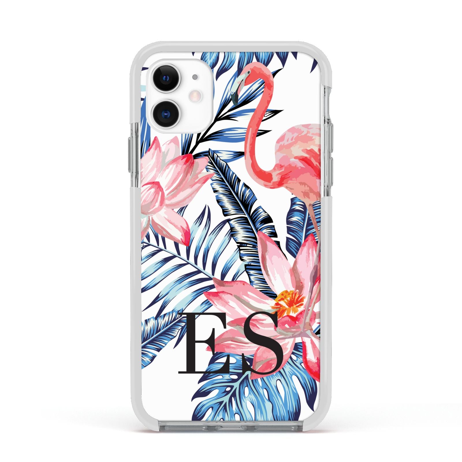 Blue Leaves Pink Flamingos Apple iPhone 11 in White with White Impact Case