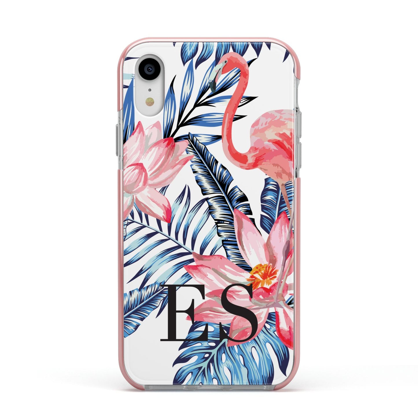 Blue Leaves Pink Flamingos Apple iPhone XR Impact Case Pink Edge on Silver Phone