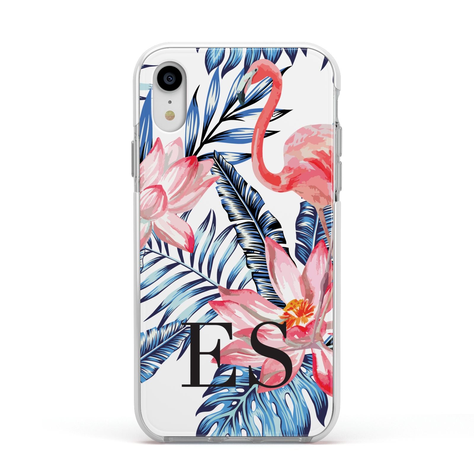 Blue Leaves Pink Flamingos Apple iPhone XR Impact Case White Edge on Silver Phone