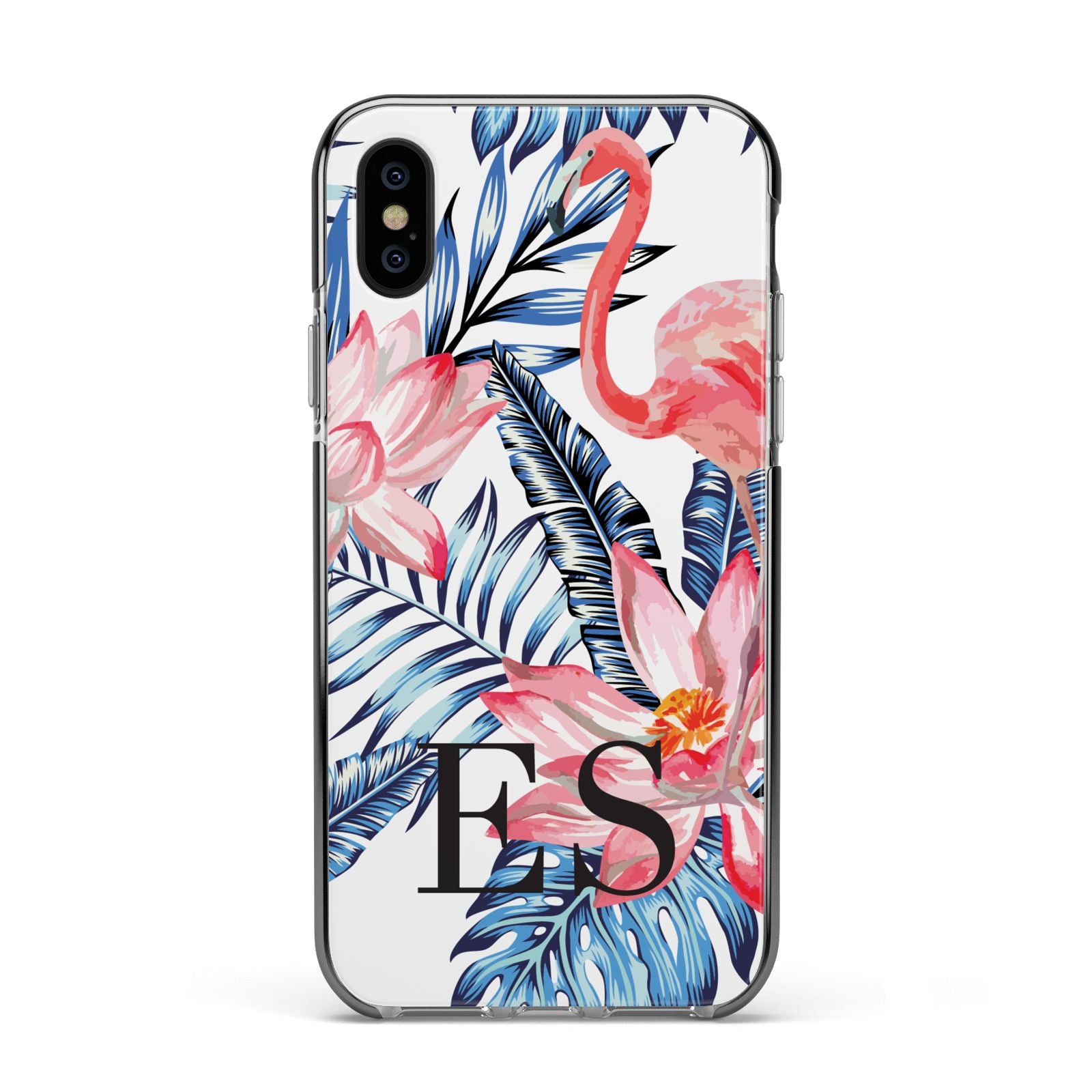 Blue Leaves Pink Flamingos Apple iPhone Xs Impact Case Black Edge on Black Phone