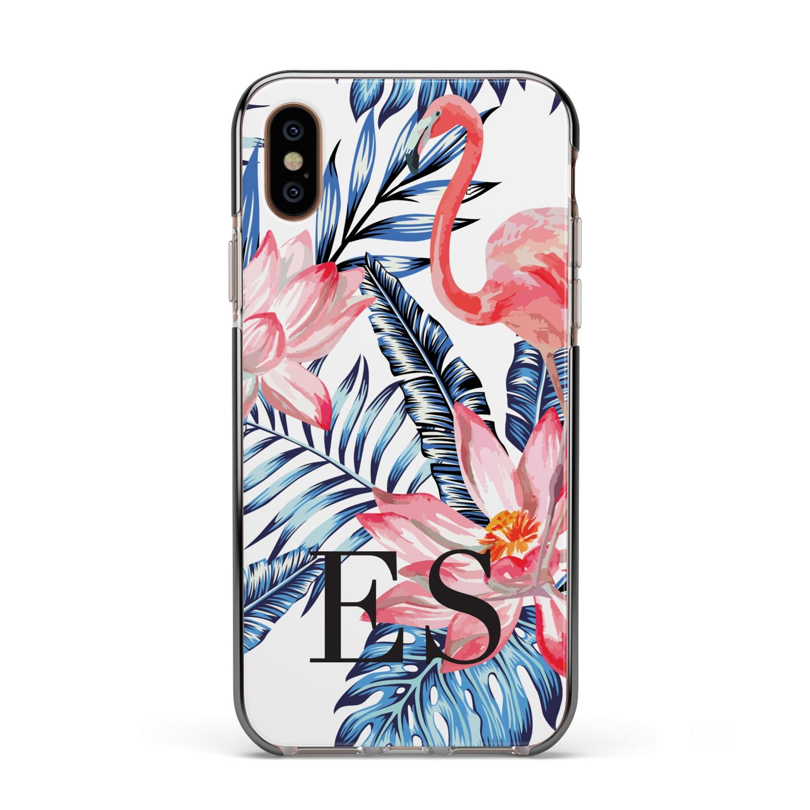 Blue Leaves Pink Flamingos Apple iPhone Xs Impact Case Black Edge on Gold Phone