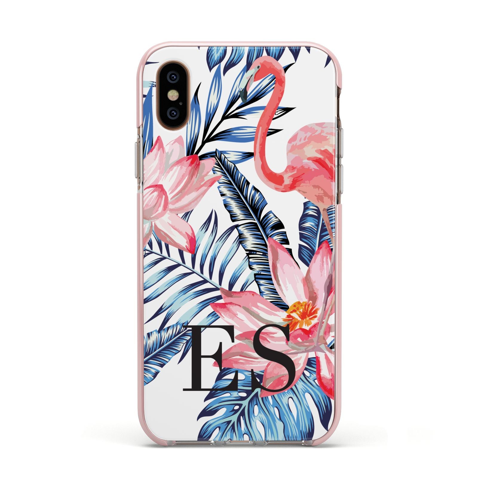 Blue Leaves Pink Flamingos Apple iPhone Xs Impact Case Pink Edge on Gold Phone