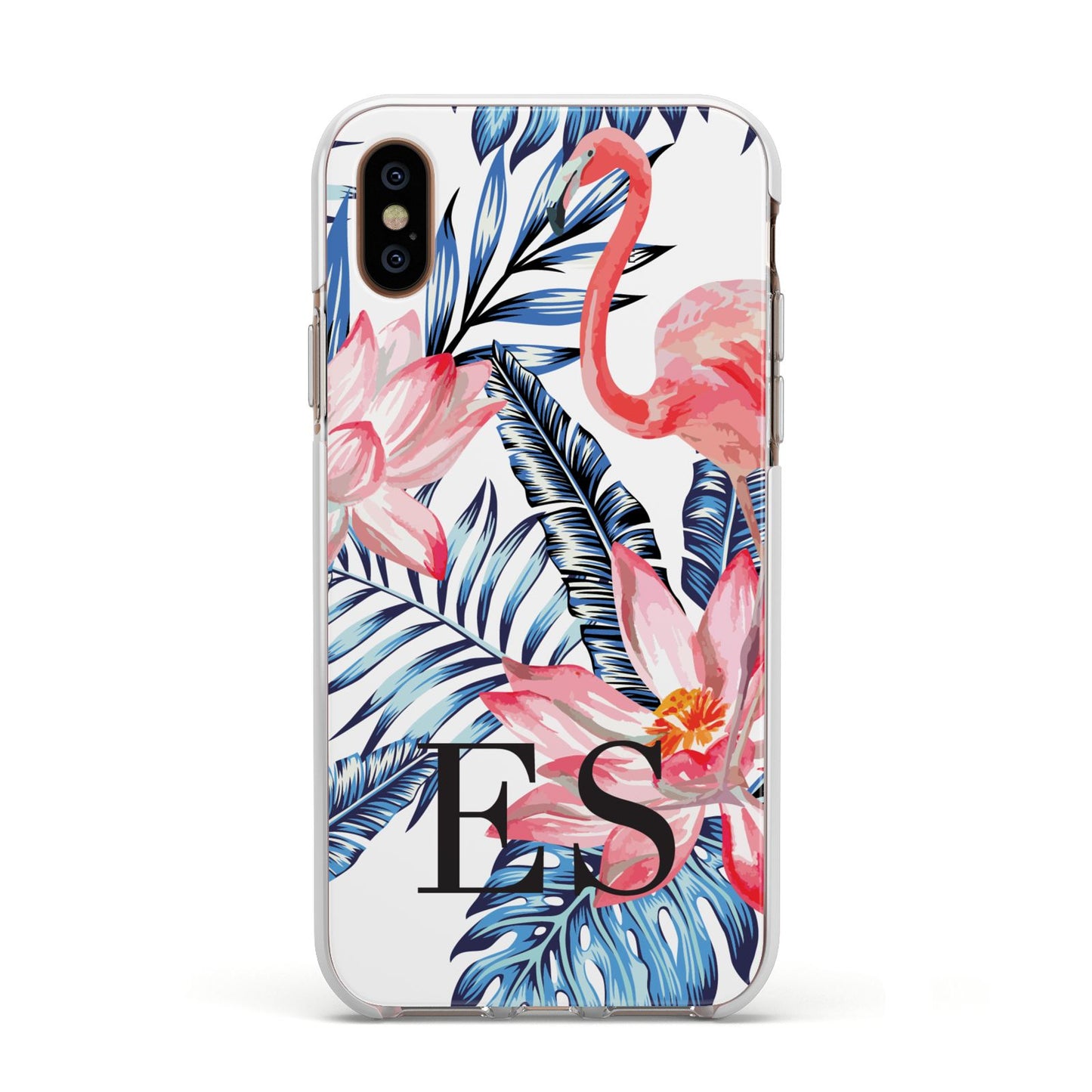 Blue Leaves Pink Flamingos Apple iPhone Xs Impact Case White Edge on Gold Phone