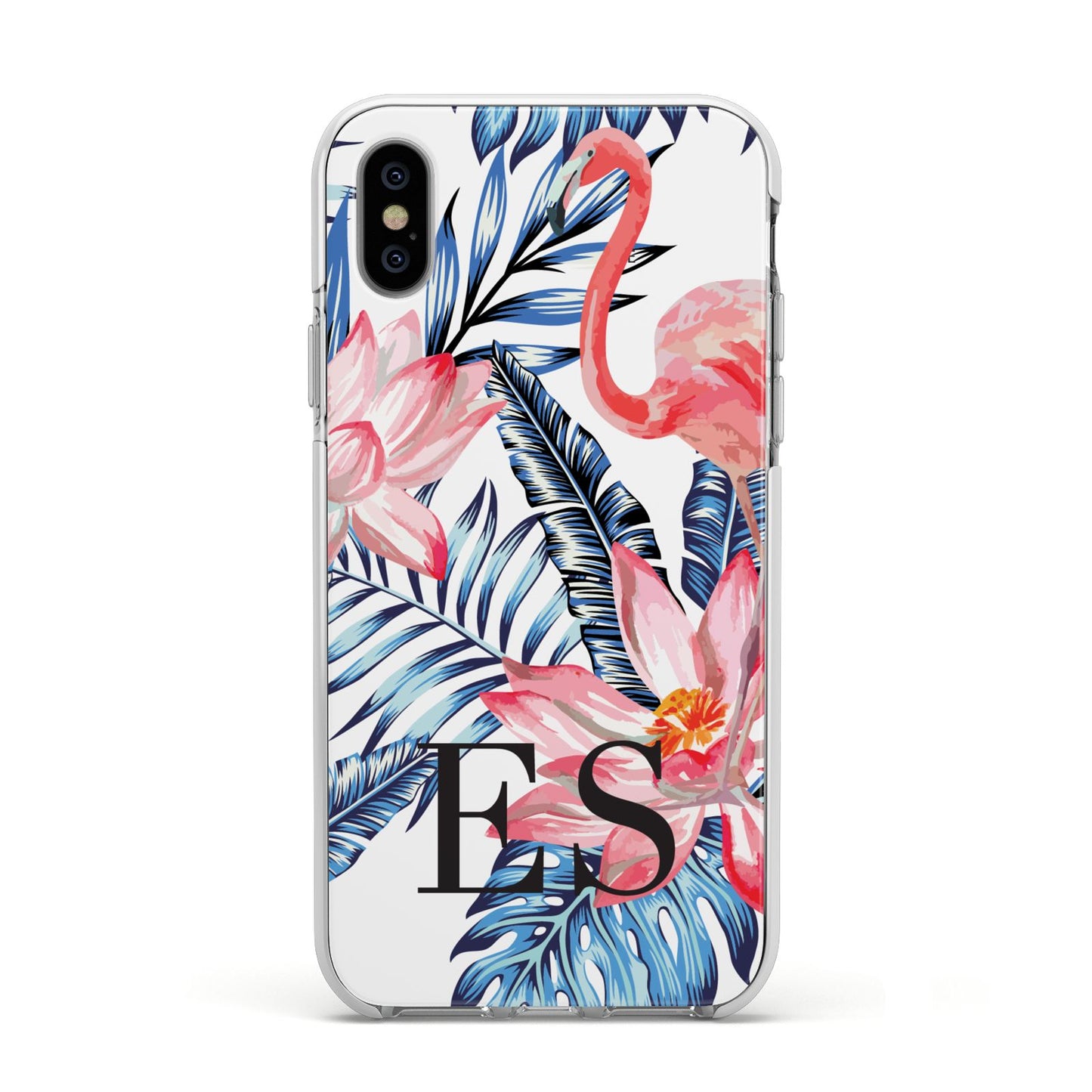 Blue Leaves Pink Flamingos Apple iPhone Xs Impact Case White Edge on Silver Phone