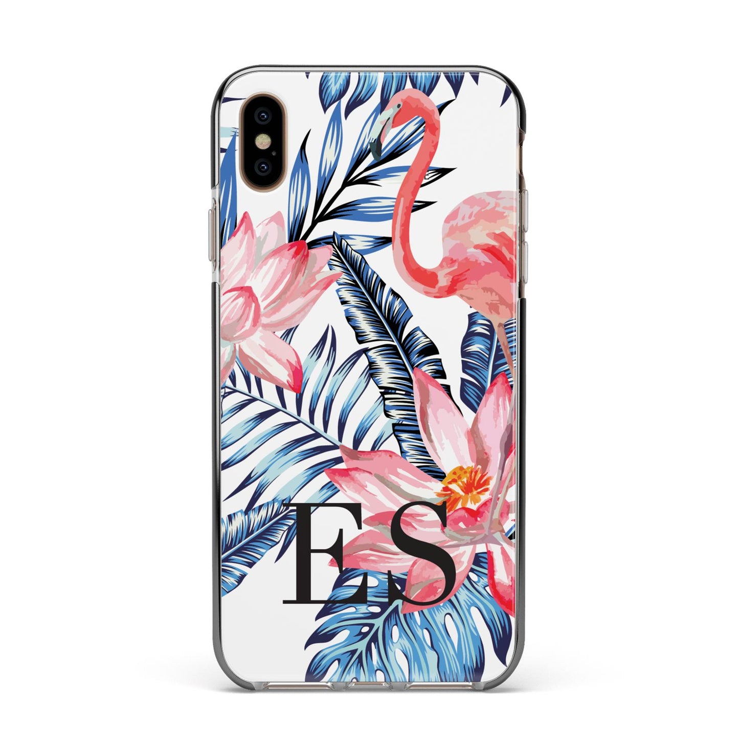 Blue Leaves Pink Flamingos Apple iPhone Xs Max Impact Case Black Edge on Gold Phone
