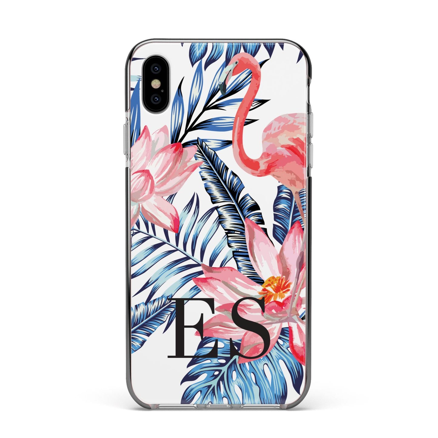 Blue Leaves Pink Flamingos Apple iPhone Xs Max Impact Case Black Edge on Silver Phone
