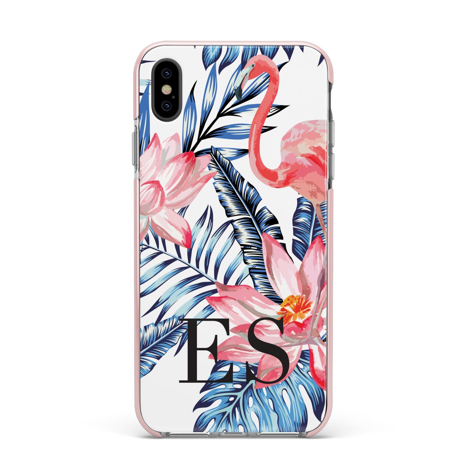 Blue Leaves Pink Flamingos Apple iPhone Xs Max Impact Case Pink Edge on Black Phone
