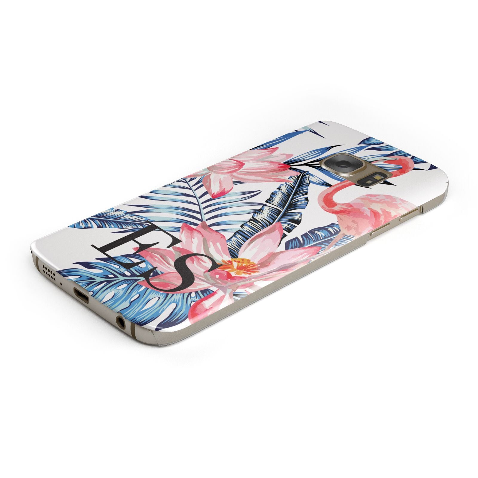 Blue Leaves Pink Flamingos Protective Samsung Galaxy Case Angled Image
