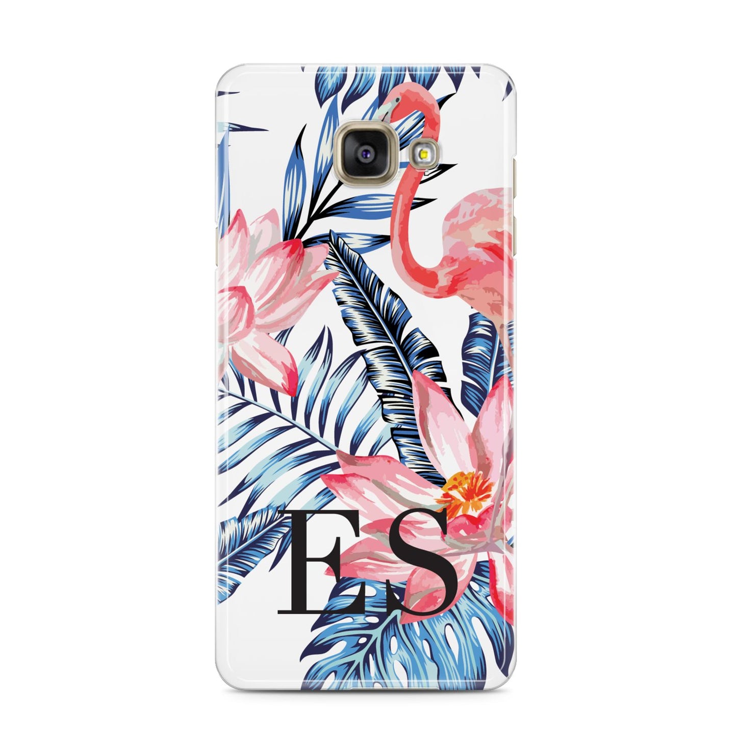 Blue Leaves Pink Flamingos Samsung Galaxy A3 2016 Case on gold phone