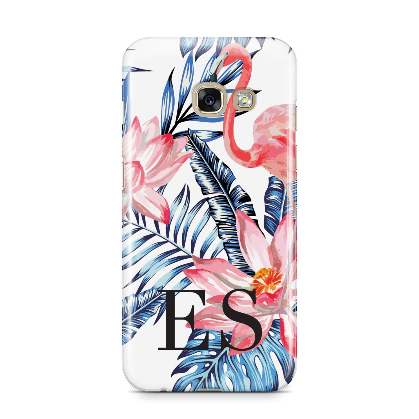 Blue Leaves Pink Flamingos Samsung Galaxy A3 2017 Case on gold phone