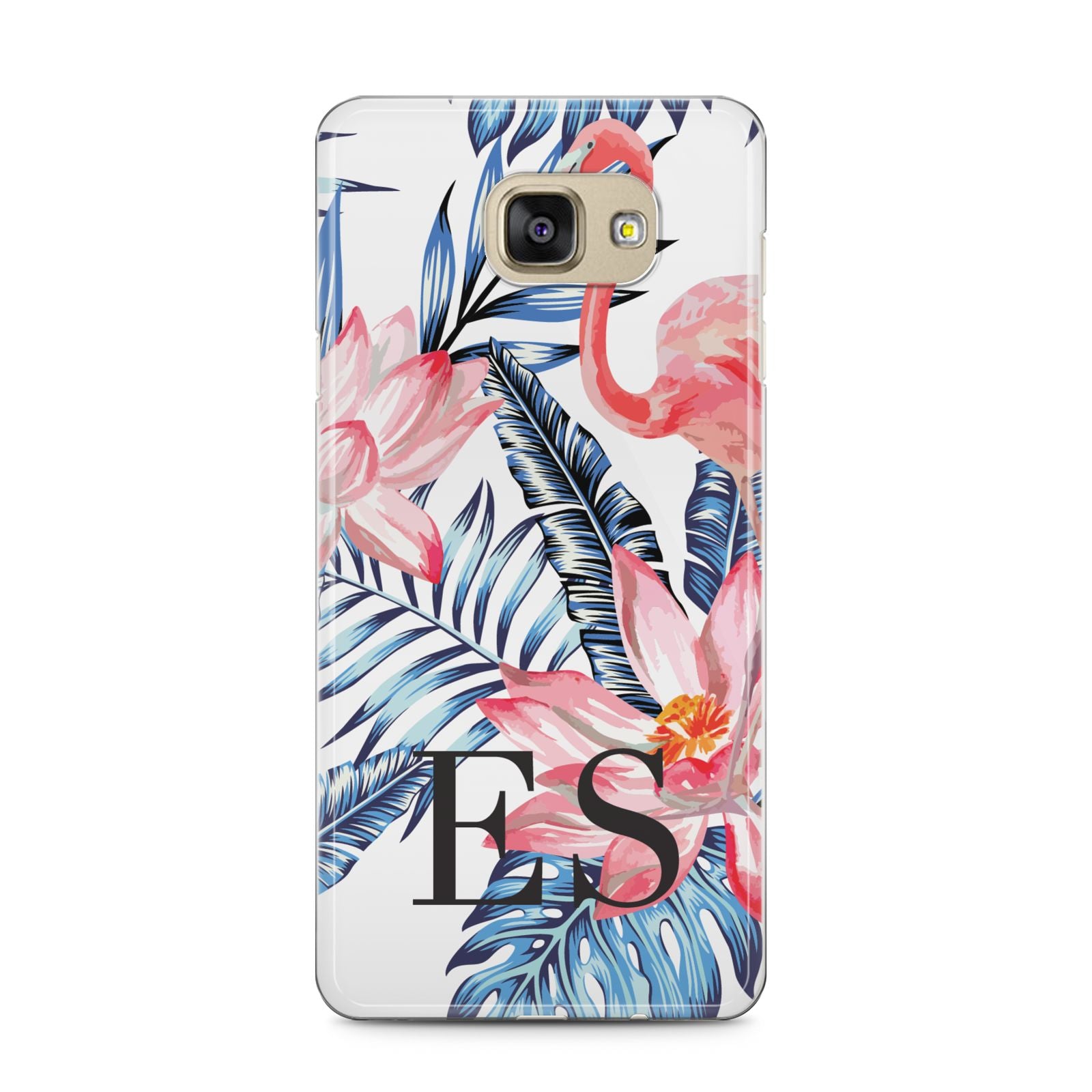 Blue Leaves Pink Flamingos Samsung Galaxy A5 2016 Case on gold phone