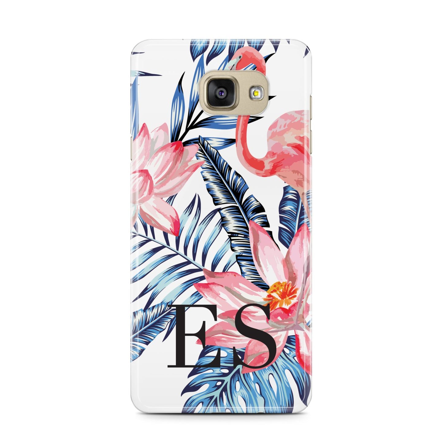 Blue Leaves Pink Flamingos Samsung Galaxy A7 2016 Case on gold phone
