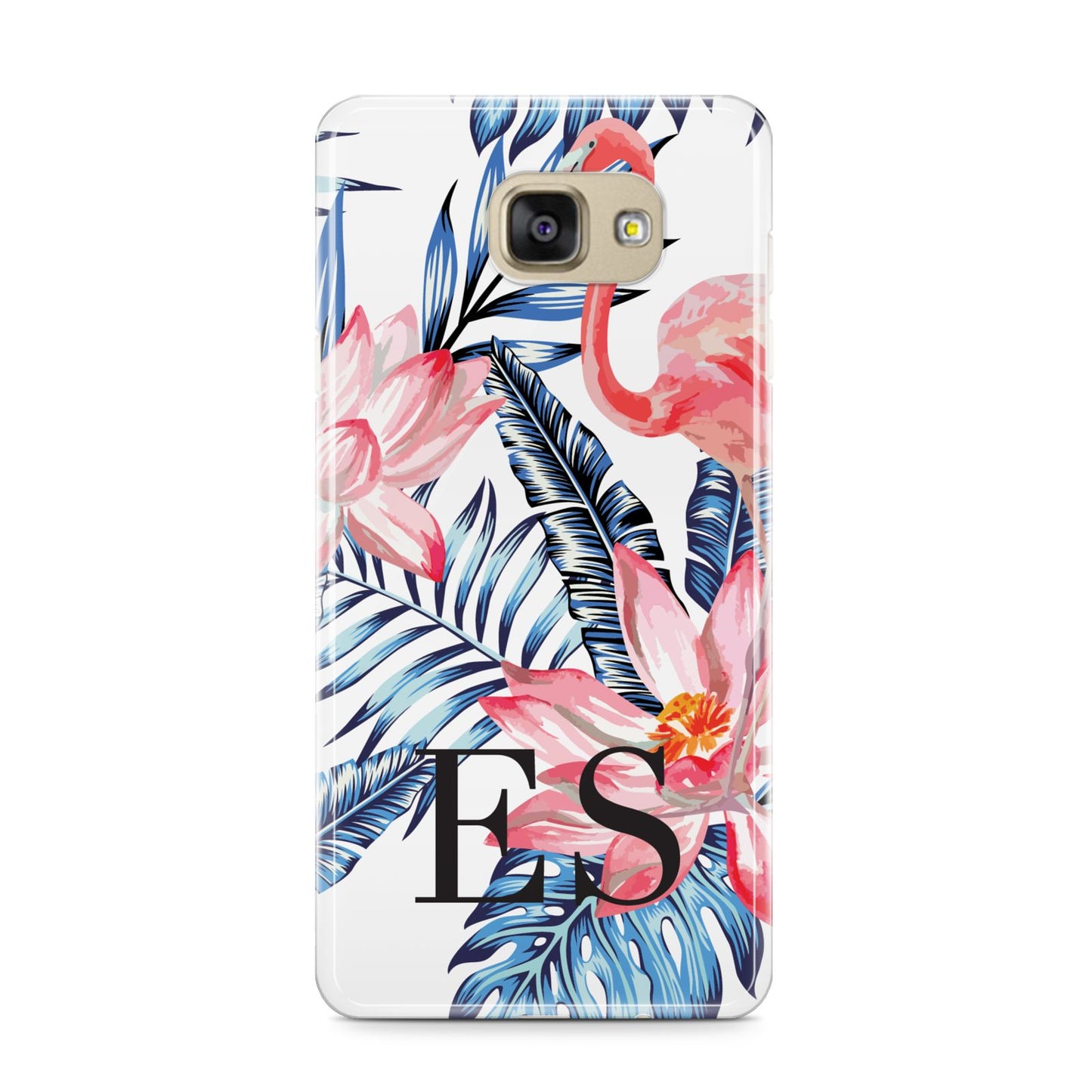 Blue Leaves Pink Flamingos Samsung Galaxy A9 2016 Case on gold phone