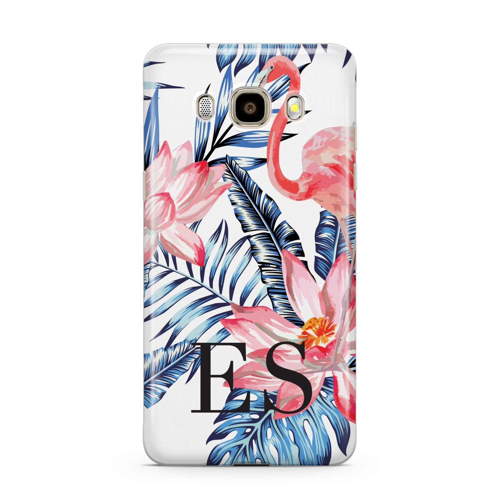 Blue Leaves Pink Flamingos Samsung Galaxy J7 2016 Case on gold phone