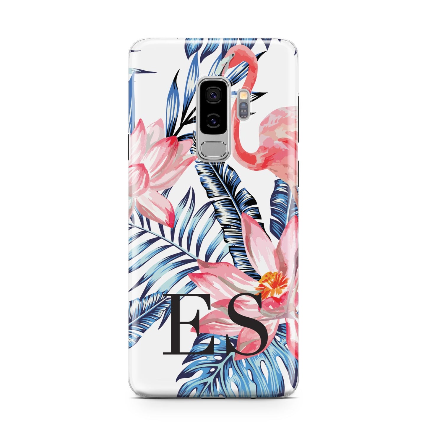 Blue Leaves Pink Flamingos Samsung Galaxy S9 Plus Case on Silver phone