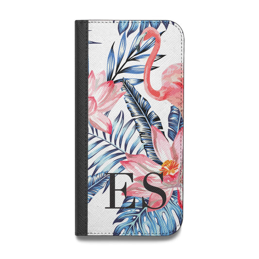 Blue Leaves Pink Flamingos Vegan Leather Flip iPhone Case