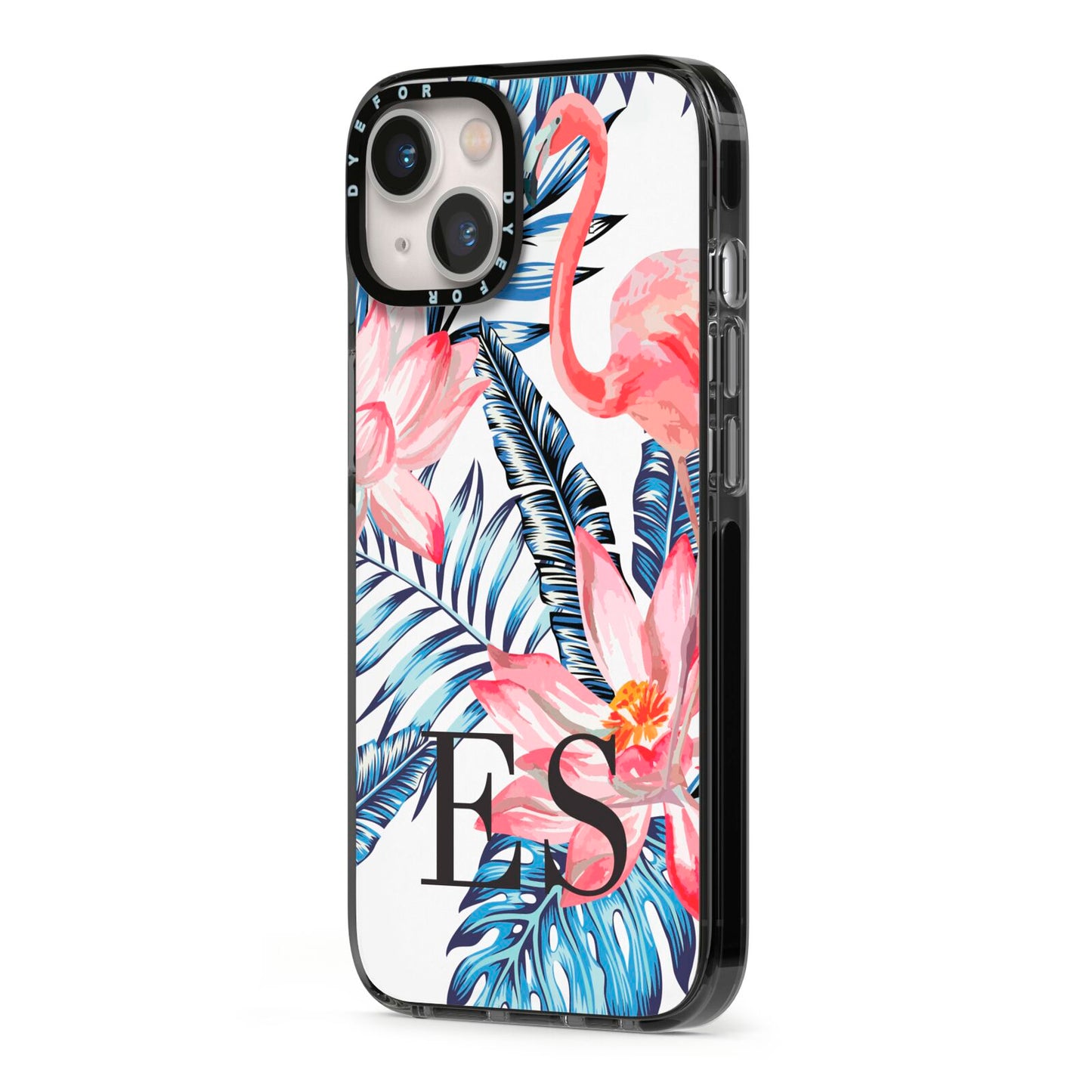Blue Leaves Pink Flamingos iPhone 13 Black Impact Case Side Angle on Silver phone
