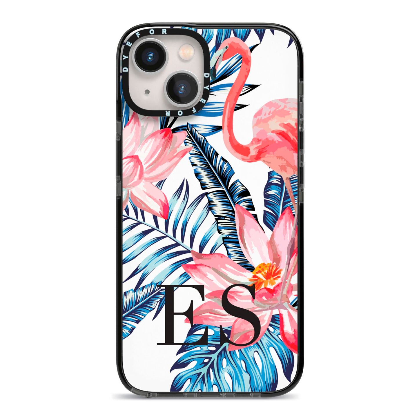 Blue Leaves Pink Flamingos iPhone 13 Black Impact Case on Silver phone