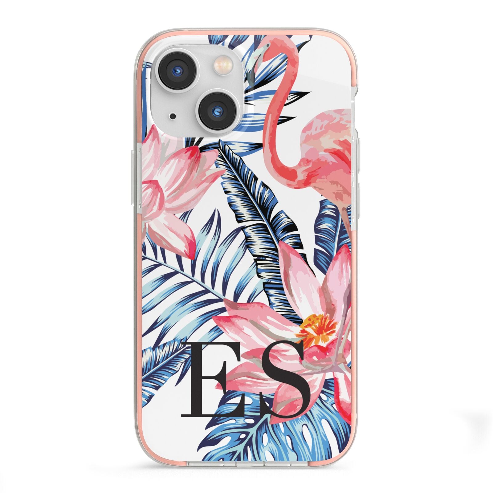 Blue Leaves Pink Flamingos iPhone 13 Mini TPU Impact Case with Pink Edges