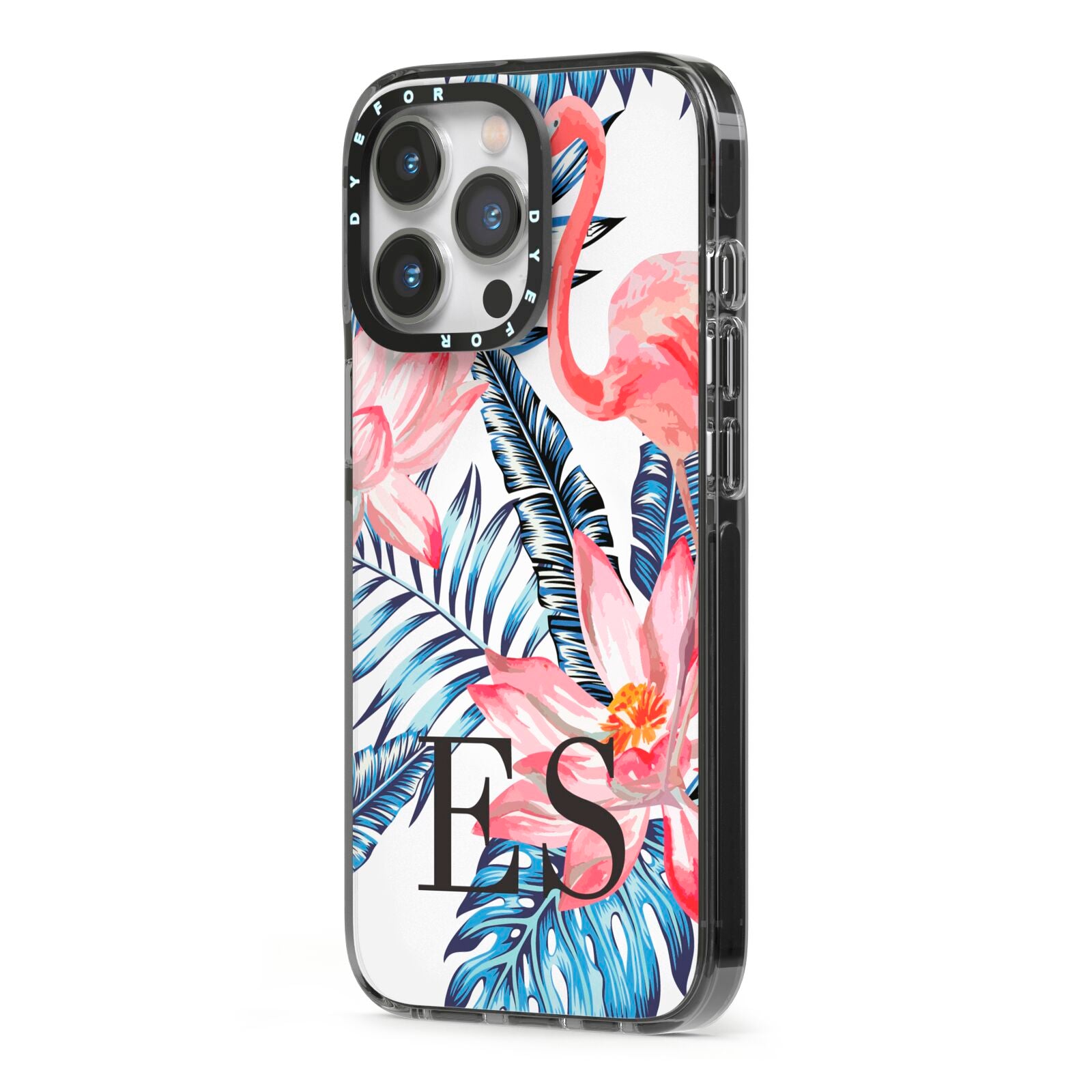 Blue Leaves Pink Flamingos iPhone 13 Pro Black Impact Case Side Angle on Silver phone