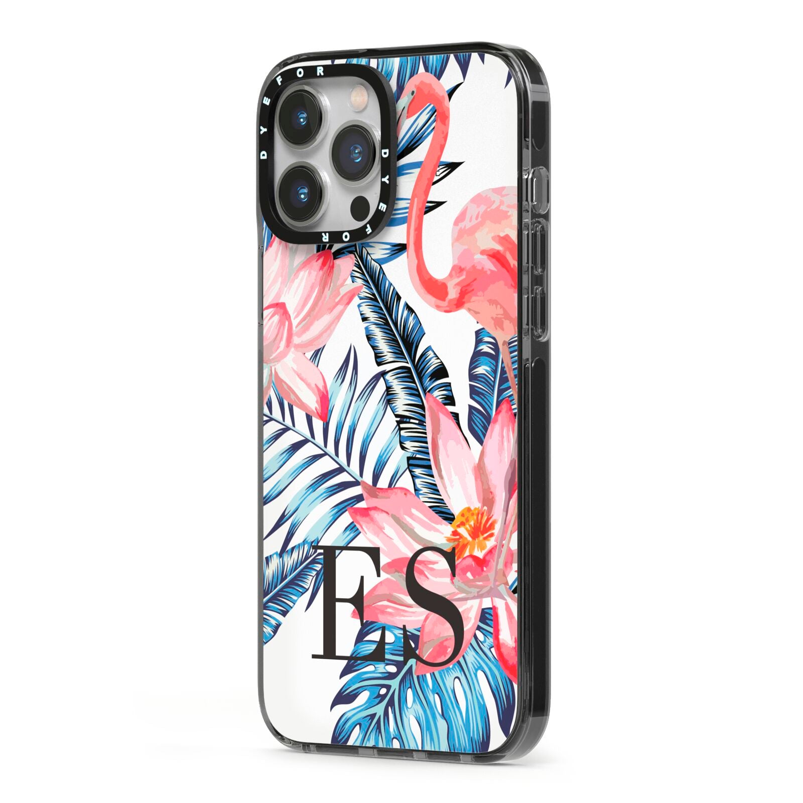 Blue Leaves Pink Flamingos iPhone 13 Pro Max Black Impact Case Side Angle on Silver phone