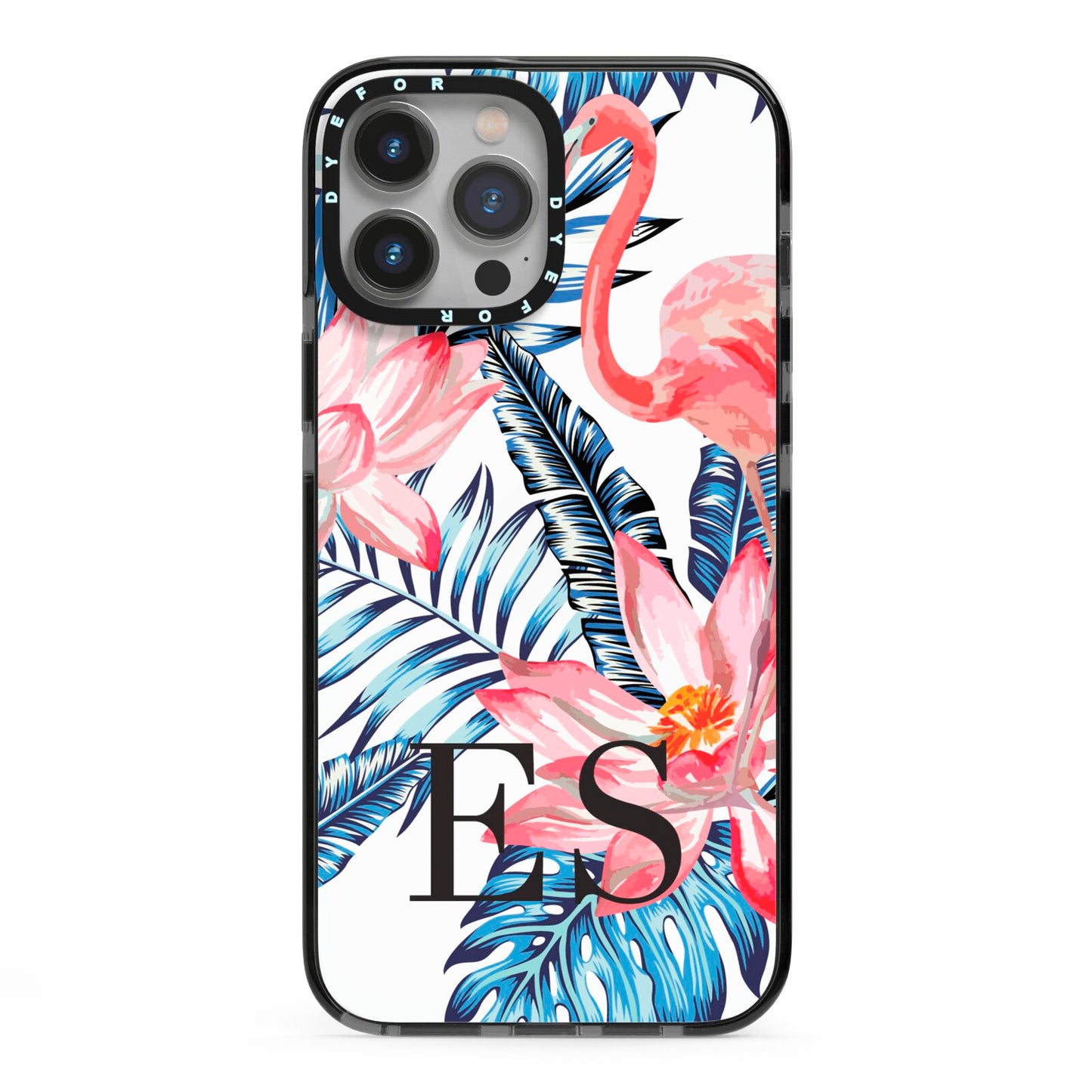 Blue Leaves Pink Flamingos iPhone 13 Pro Max Black Impact Case on Silver phone