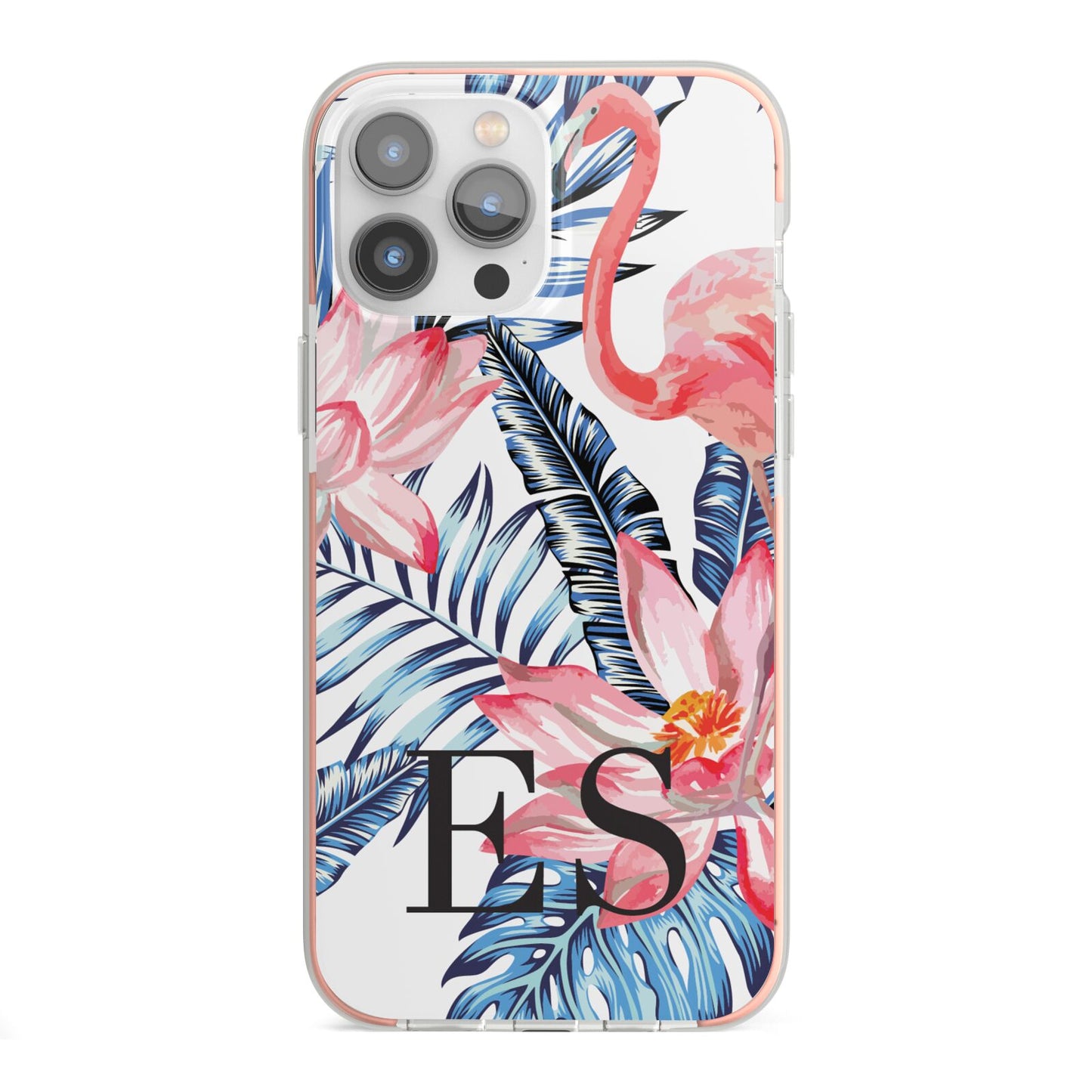 Blue Leaves Pink Flamingos iPhone 13 Pro Max TPU Impact Case with Pink Edges