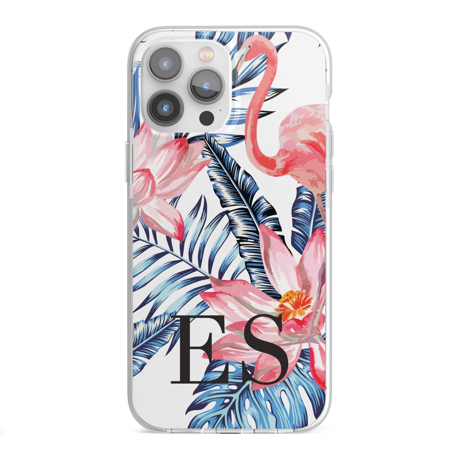 Blue Leaves Pink Flamingos iPhone 13 Pro Max TPU Impact Case with White Edges