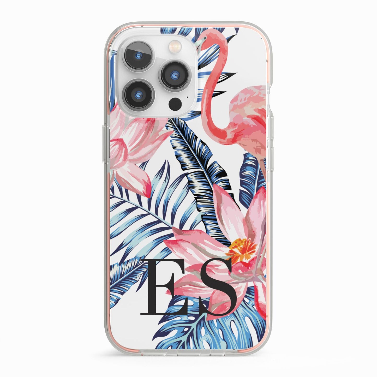 Blue Leaves Pink Flamingos iPhone 13 Pro TPU Impact Case with Pink Edges