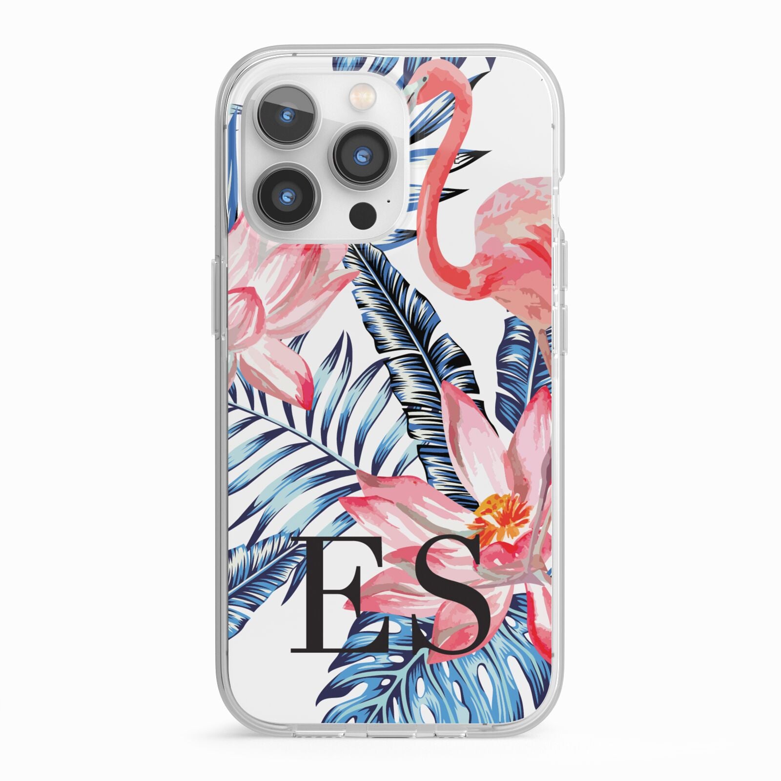 Blue Leaves Pink Flamingos iPhone 13 Pro TPU Impact Case with White Edges