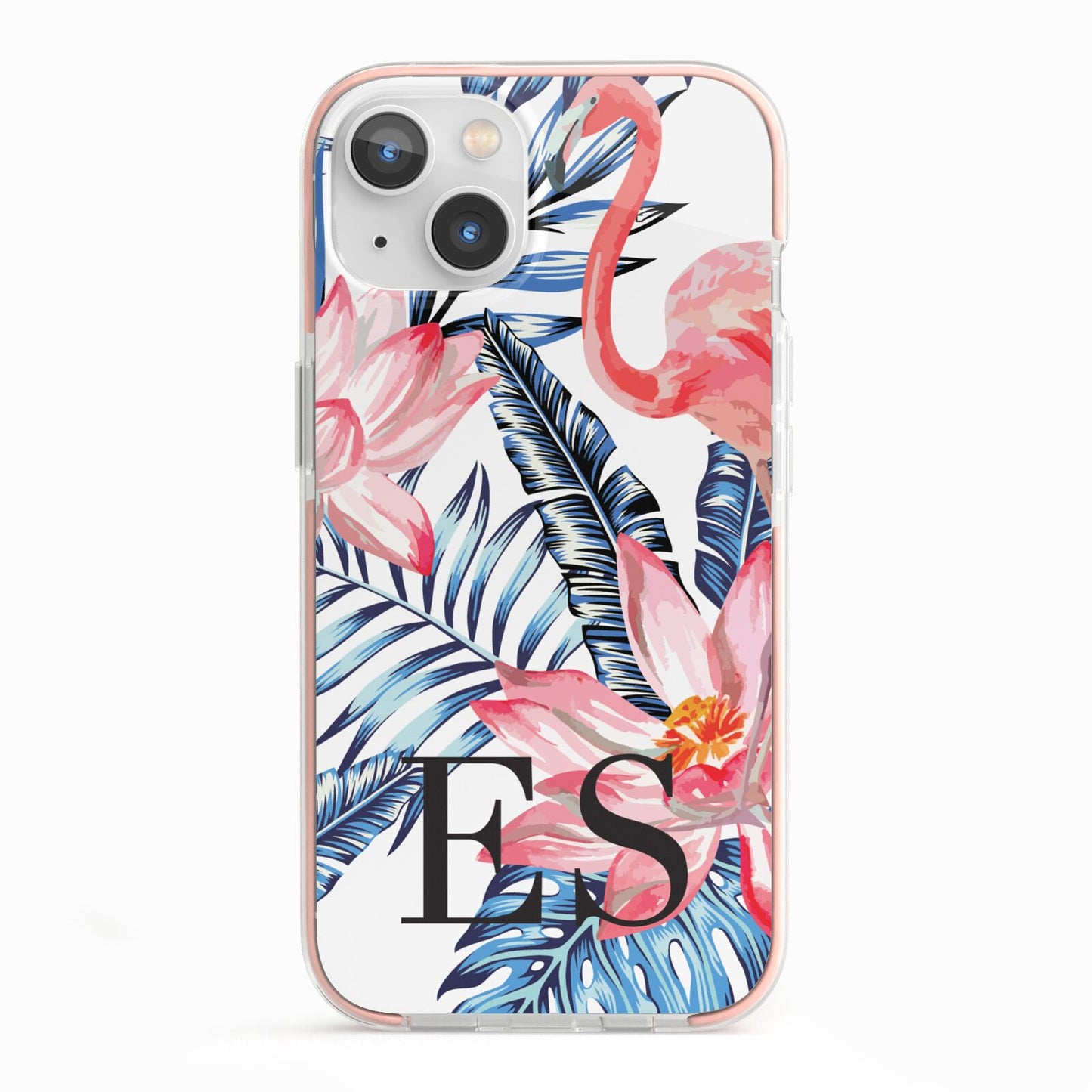 Blue Leaves Pink Flamingos iPhone 13 TPU Impact Case with Pink Edges