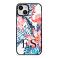 Blue Leaves Pink Flamingos iPhone 14 Black Impact Case on Silver phone