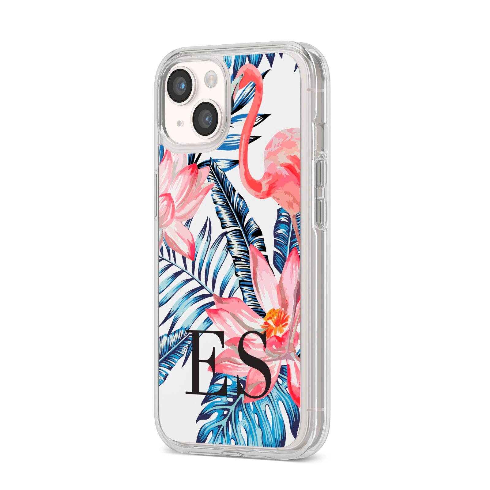 Blue Leaves Pink Flamingos iPhone 14 Clear Tough Case Starlight Angled Image