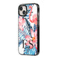 Blue Leaves Pink Flamingos iPhone 14 Plus Black Impact Case Side Angle on Silver phone