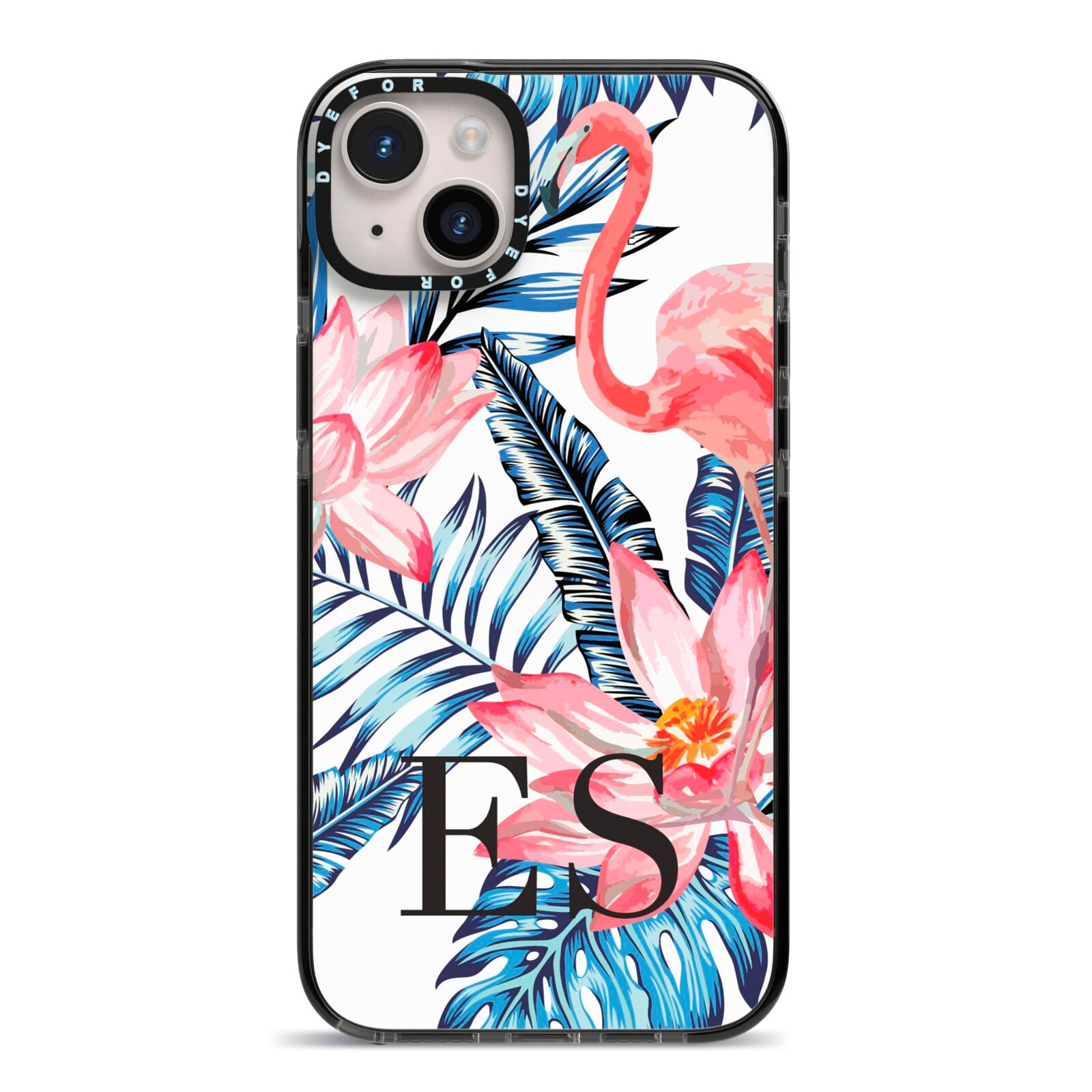 Blue Leaves Pink Flamingos iPhone 14 Plus Black Impact Case on Silver phone