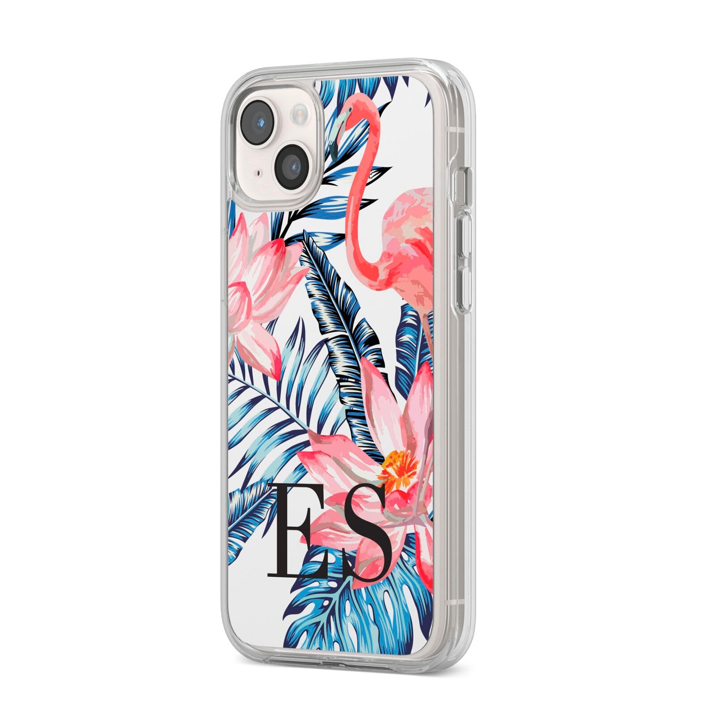 Blue Leaves Pink Flamingos iPhone 14 Plus Clear Tough Case Starlight Angled Image