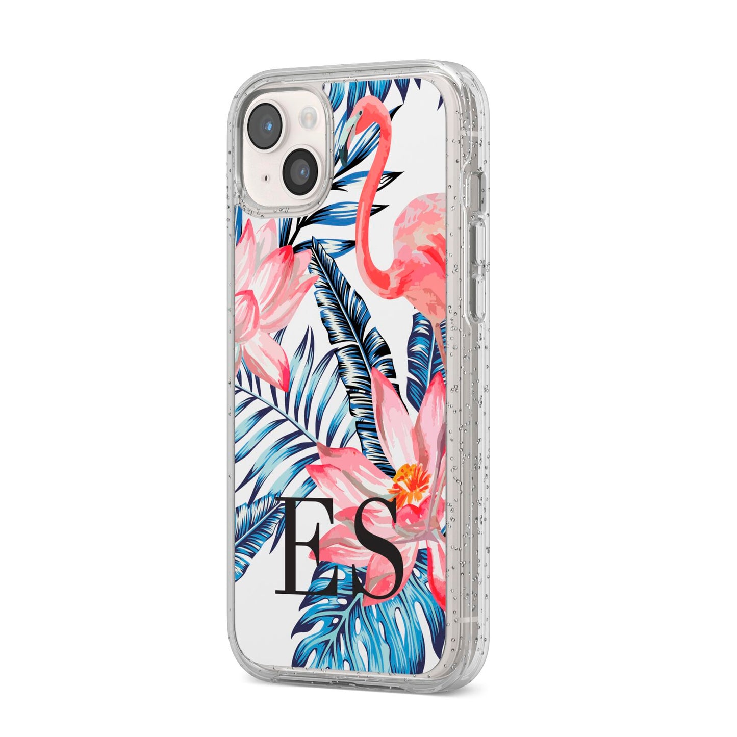 Blue Leaves Pink Flamingos iPhone 14 Plus Glitter Tough Case Starlight Angled Image
