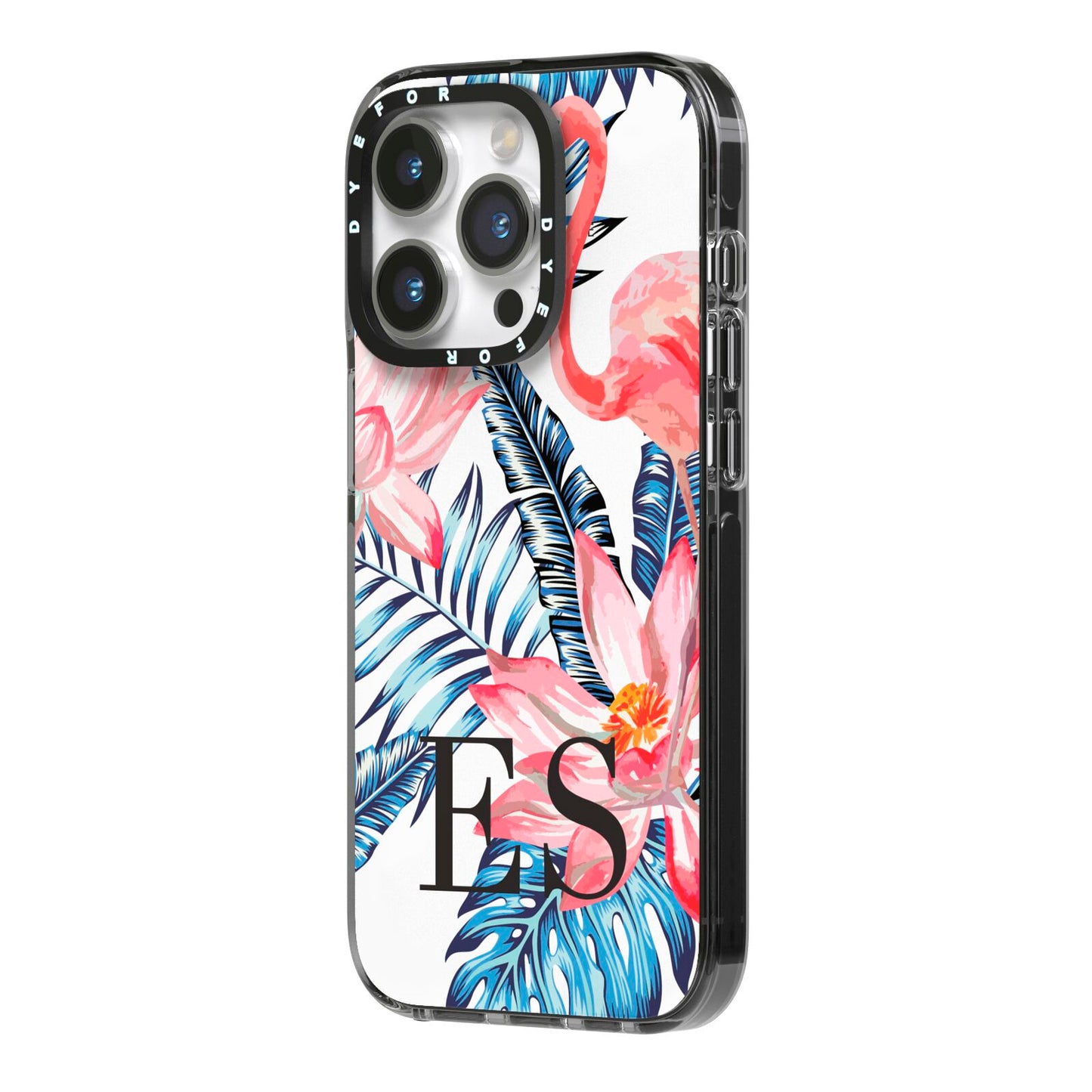 Blue Leaves Pink Flamingos iPhone 14 Pro Black Impact Case Side Angle on Silver phone